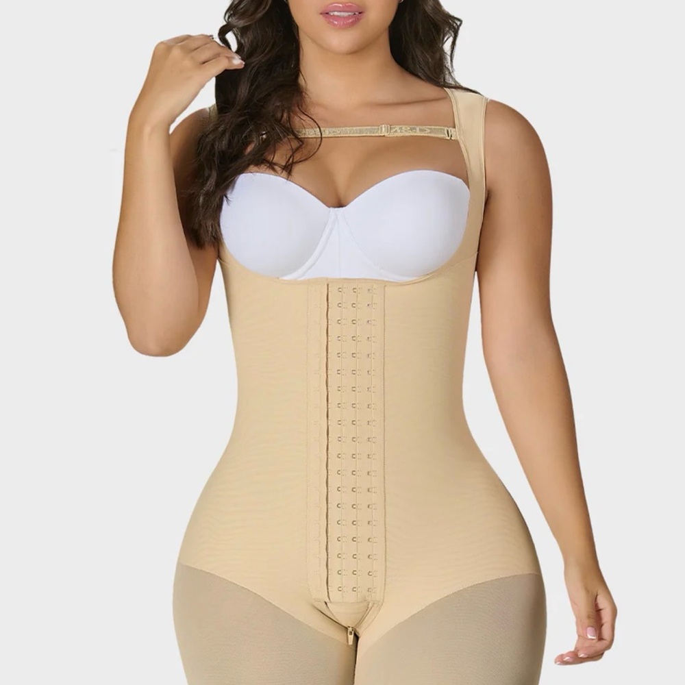 M& D Beige Full-Body Faja Bodysuit with Front Hook Closure